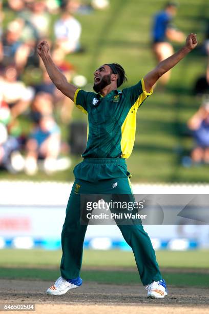 Imran Tahir of South Africa celebrates his wicket of Kane Williamson of New Zealand during game four of the One Day International series between New...