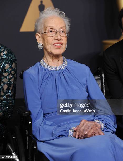 Physicist Katherine Johnson poses in the press room at the 89th annual Academy Awards at Hollywood & Highland Center on February 26, 2017 in...