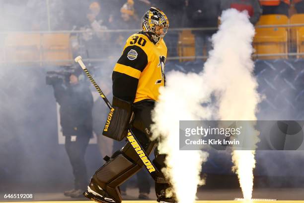 Matt Murray of the Pittsburgh Penguins walks out to the ice prior to the start of the game against the Philadelphia Flyers at Heinz Field on February...