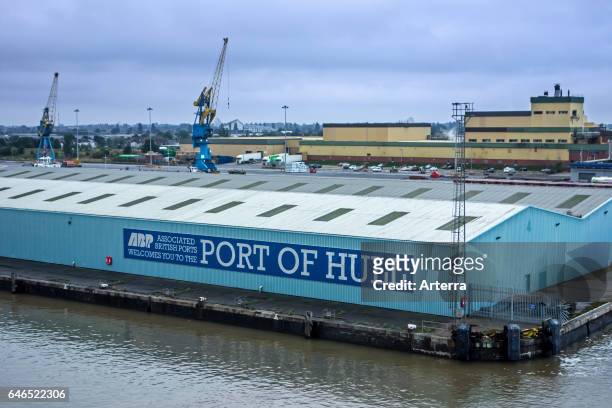 Sign on hangar of the Associated British Ports / ABP in the port of Hull at Kingston upon Hull, England, UK.