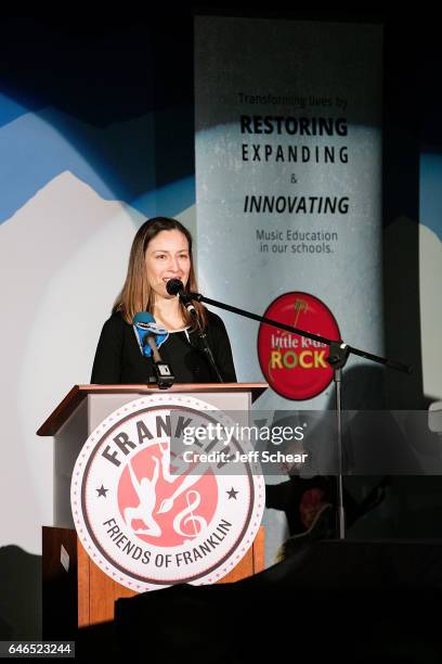 Anne Gray speaks at Chicago Public School Announces Music Program Expansion With Little Kids Rock at Franklin Fine Arts Center Auditorium on February...