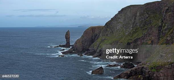 Old Man of Stoer, 60 metres high sea stack of Torridonian sandstone at the Point of Stoer in Sutherland, Scottish Highlands, Scotland.