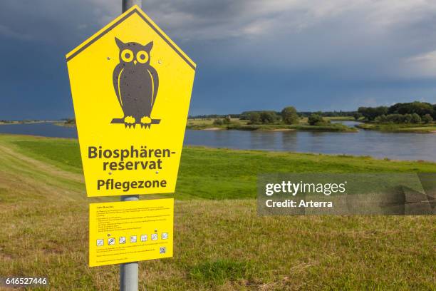 Sign of the UNESCO Elbe River Landscape biosphere reserve in summer, Lower Saxony, Germany.