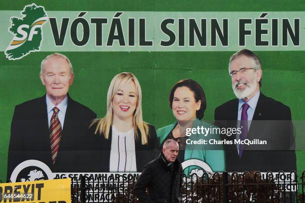 Sinn Fein election posters and billboards on view along the nationalist Falls road on March 1, 2017 in Belfast, Northern Ireland. Voters in Northern...