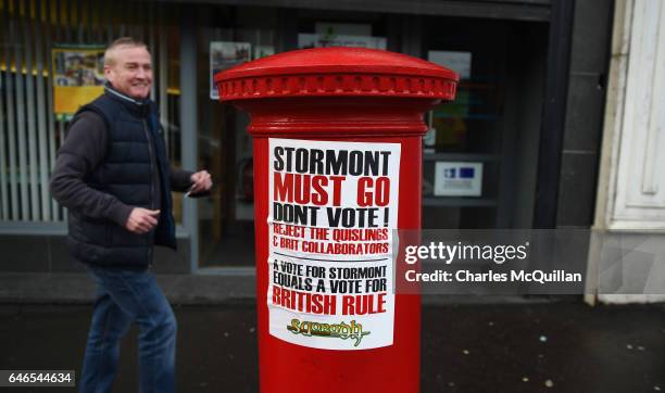 Political election posters and anti Stormont billboards on view along the nationalist Falls road on March 1, 2017 in Belfast, Northern Ireland....