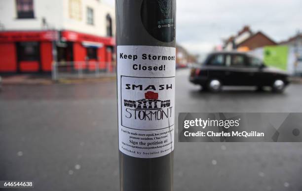 Political election posters and anti Stormont bills on view along the nationalist Falls road on March 1, 2017 in Belfast, Northern Ireland. Voters in...