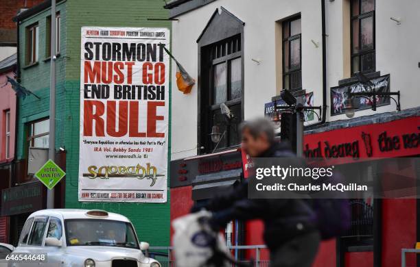 Political election posters and anti Stormont billboards on view along the nationalist Falls road on March 1, 2017 in Belfast, Northern Ireland....