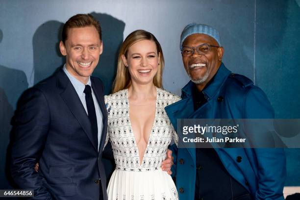 Tom Hiddleston, Brie Larson and Samuel L Jackson attend the European premiere of 'Kong: Skull Island' at the Cineworld Empire Leicester Square on...