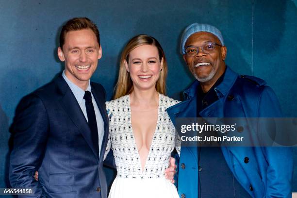 Tom Hiddleston, Brie Larson and Samuel L Jackson attend the European premiere of 'Kong: Skull Island' at the Cineworld Empire Leicester Square on...