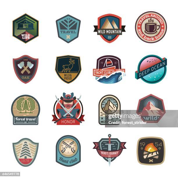 reisen und camping-logo, emblem - sword icon vector stock-grafiken, -clipart, -cartoons und -symbole