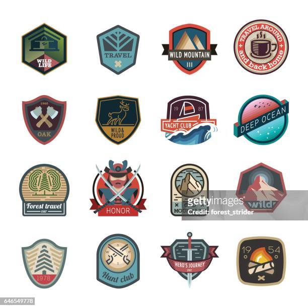 travel and camping logo, emblem - logo stock illustrations