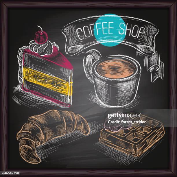 coffee & cakes  drawing on chalkboard - america patisserie stock illustrations