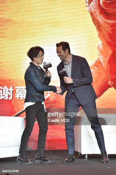 Taiwanese singer Yoga Lin , Australian actor and singer Hugh Jackman attend the premiere of American director James Mangold's film "Logan" on March...