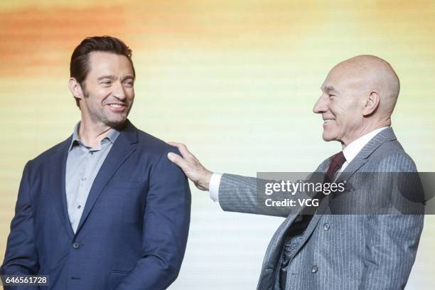 Australian actor and singer Hugh Jackman , English actor Patrick Stewart attend the premiere of American director James Mangold's film "Logan" on...