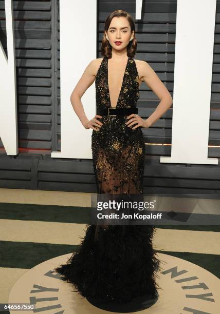Actress Lily Collins arrives at the 2017 Vanity Fair Oscar Party Hosted By Graydon Carter at Wallis Annenberg Center for the Performing Arts on...