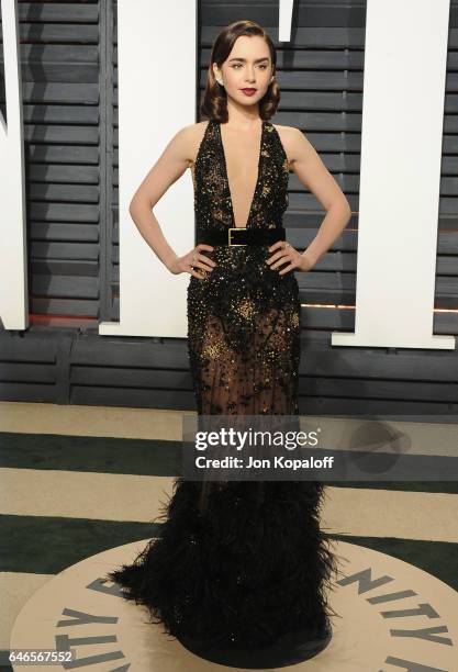 Actress Lily Collins arrives at the 2017 Vanity Fair Oscar Party Hosted By Graydon Carter at Wallis Annenberg Center for the Performing Arts on...