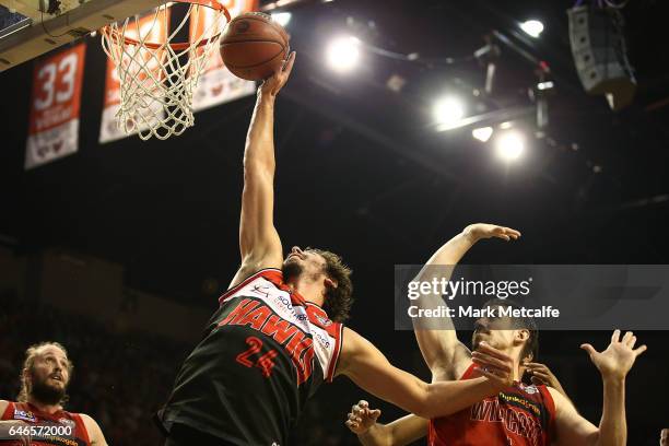 Cody Ellis of the Hawks takes a rebound during game two of the NBL Grand Final series between the Perth Wildcats and the Illawarra Hawks at WIN...