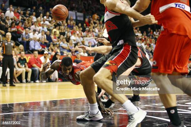 Casey Prather of the Wildcats passes as he is fouled during game two of the NBL Grand Final series between the Perth Wildcats and the Illawarra Hawks...