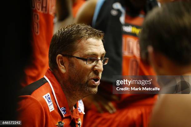 Wildcats coach Trevor Gleeson talks to players during game two of the NBL Grand Final series between the Perth Wildcats and the Illawarra Hawks at...