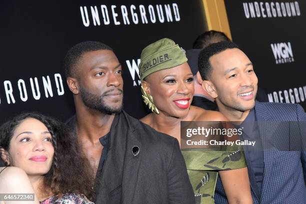 Actors Jasika Nicole, Aldis Hodge, Aisha Hinds and actor/singer/executive producer John Legend attend WGN America's "Underground" Season Two Premiere...