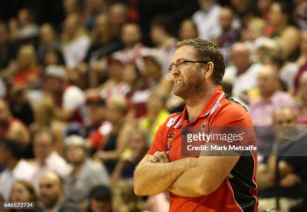 Wildcats coach Trevor Gleeson looks on during game two of the NBL Grand Final series between the Perth Wildcats and the Illawarra Hawks at WIN...