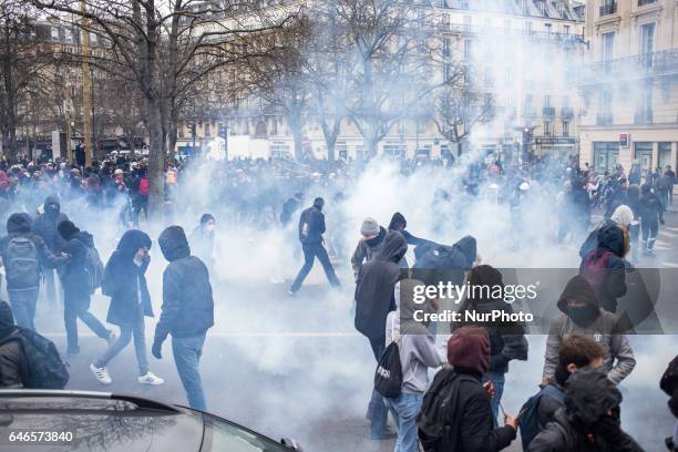 Clashes broke out between High school students and police forces during a demonstration at place de la Nation in tribute to Theo Luhaka, a young man...