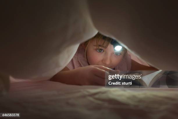 lezen voor het slapengaan met hoofd toorts - dekbed stockfoto's en -beelden