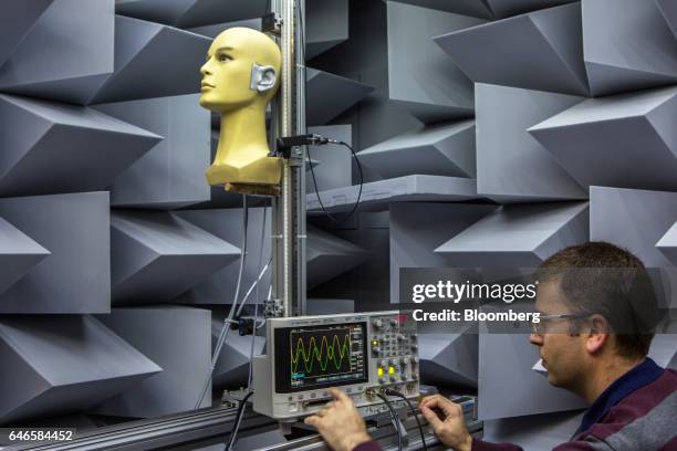 Scientist uses an oscilloscope during tests in sound perception in a sound proof laboratory at the Noveto Systems Ltd. Office in Petach Tikva,...