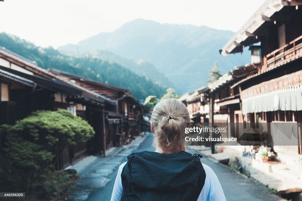 Hiker in a Village on Nakasendo Trail