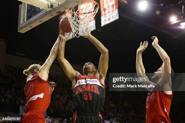 Michael Holyfield of the Hawks shoots during game two of the NBL Grand Final series between the Perth Wildcats and the Illawarra Hawks at WIN...
