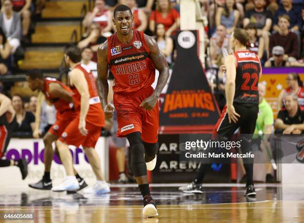 Casey Prather of the Wildcats celebrates a basket during game two of the NBL Grand Final series between the Perth Wildcats and the Illawarra Hawks at...