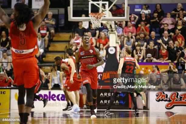 Casey Prather of the Wildcats celebrates a basket during game two of the NBL Grand Final series between the Perth Wildcats and the Illawarra Hawks at...