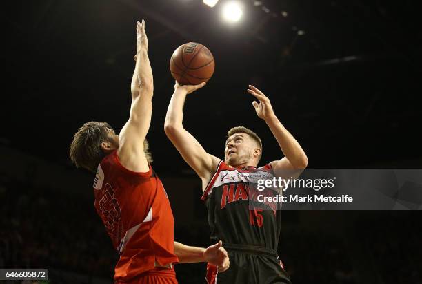 Rotnei Clarke of the Hawks shoots during game two of the NBL Grand Final series between the Perth Wildcats and the Illawarra Hawks at WIN...