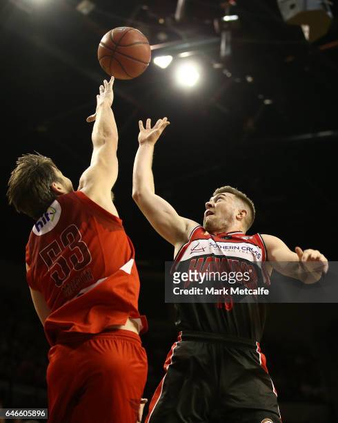 Rotnei Clarke of the Hawks shoots during game two of the NBL Grand Final series between the Perth Wildcats and the Illawarra Hawks at WIN...