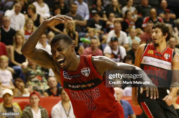 Casey Prather of the Wildcats reacts during game two of the NBL Grand Final series between the Perth Wildcats and the Illawarra Hawks at WIN...