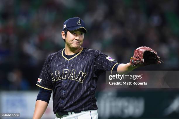 Pitcher Tomoyuki Sugano of Japan reacts after the top of the second inning during the SAMURAI JAPAN Send-off Friendly Match between CPBL Selected...