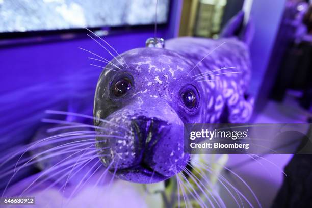 Narrow-band internet of things tracker sits on the top of a model of a seal on the third day of Mobile World Congress in Barcelona, Spain, on...