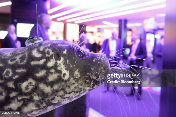 Narrow-band internet of things tracker sits on the top of a model of a seal on the third day of Mobile World Congress in Barcelona, Spain, on...