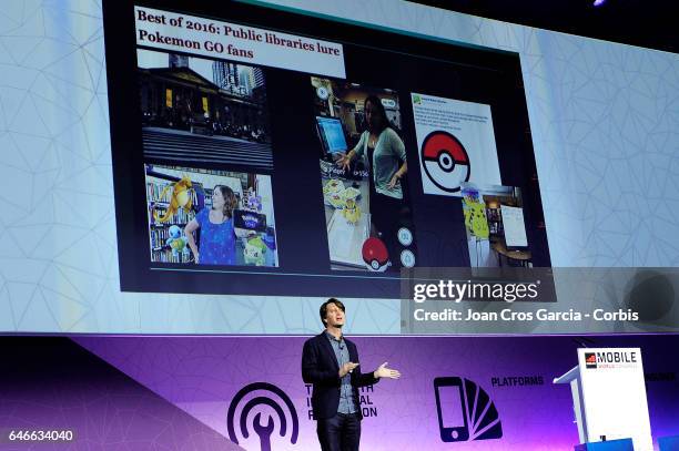 John Hanke, Founder and CEO of Niantic and creator of Pokemon Go, giving a conference during the Mobile World Congress, on February 28, 2017 in...
