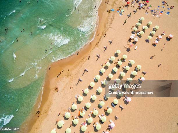 vista aérea de la playa con los turistas en vacaciones - octocóptero fotografías e imágenes de stock