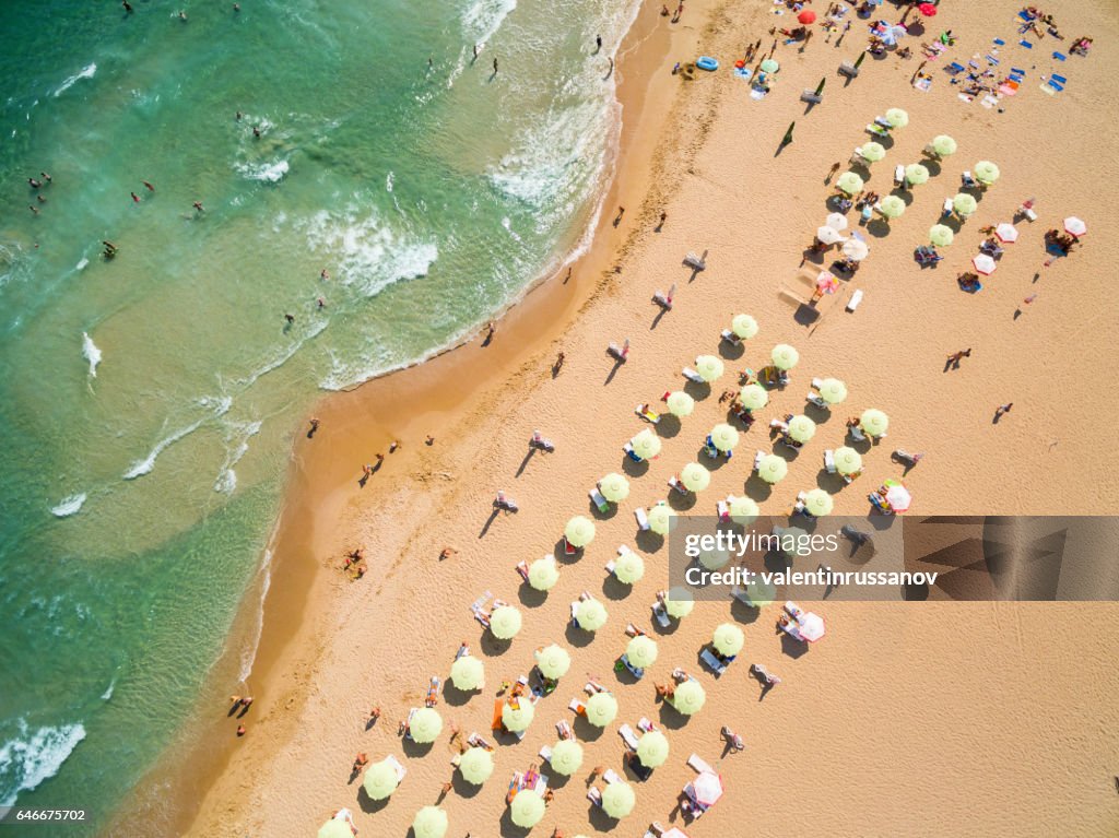 Aerial view of beach with tourists on vacations