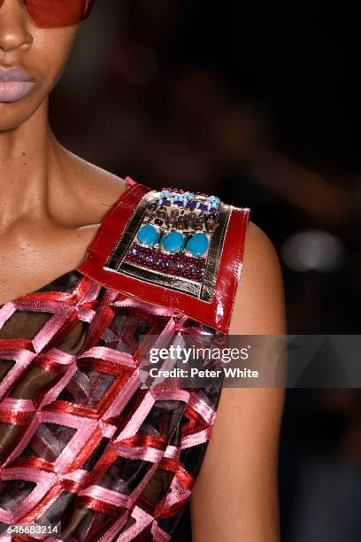 Model, fabric detail, walks the runway at the Custo Barcelona show during the Mercedes-Benz Madrid Fashion Week Autumn/Winter 2017 at Ifema on...