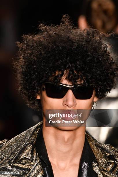 Model, sunglasses detail, walks the runway at the Custo Barcelona show during the Mercedes-Benz Madrid Fashion Week Autumn/Winter 2017 at Ifema on...