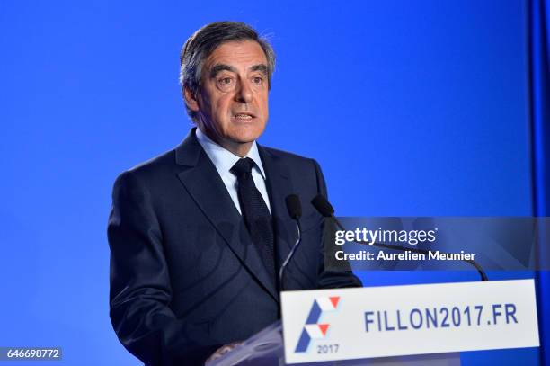 French Candidate for the Right-wing 'Les Republicains' Party, Francois Fillon, gives a press conference to confirm he remains a candidate for the...