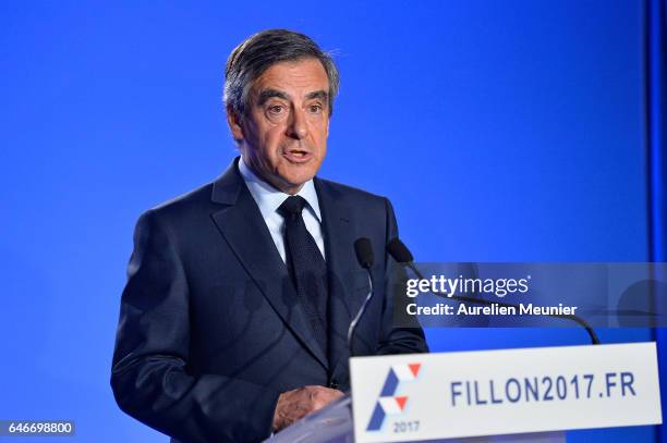 French Candidate for the Right-wing 'Les Republicains' Party, Francois Fillon, gives a press conference to confirm he remains a candidate for the...