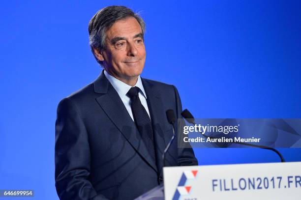 French Candidate for the Right-wing 'Les Republicains' Party, Francois Fillon, gives a press conference to confirm he remains a candidate for the...