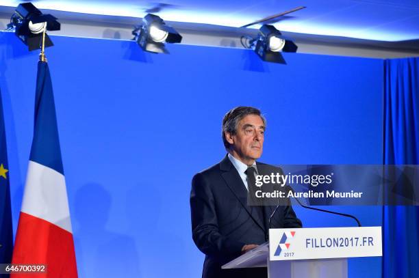 French Candidate for the Right-wing 'Les Republicains' Party, Francois Fillon, gives a press conference to confirm he remains a candidate for the...