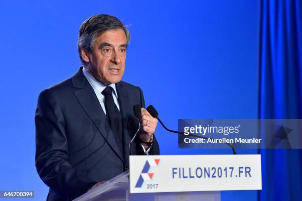 French Candidate for the Right-wing 'Les Republicains' Party, Francois Fillon, gives a press conference to confirm he remains a candidate for the...