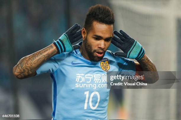 Alex Teixeira of Jiangsu Suning reacts during the AFC Champions League 2017 Group H match between Jiangsu Suning and Adelaide United at Nanjing...