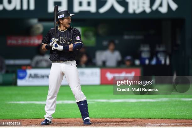 Pinch hitter Infielder Nobuhiro Matsuda of Japan at bat in the top of the seventh inning during the SAMURAI JAPAN Send-off Friendly Match between...